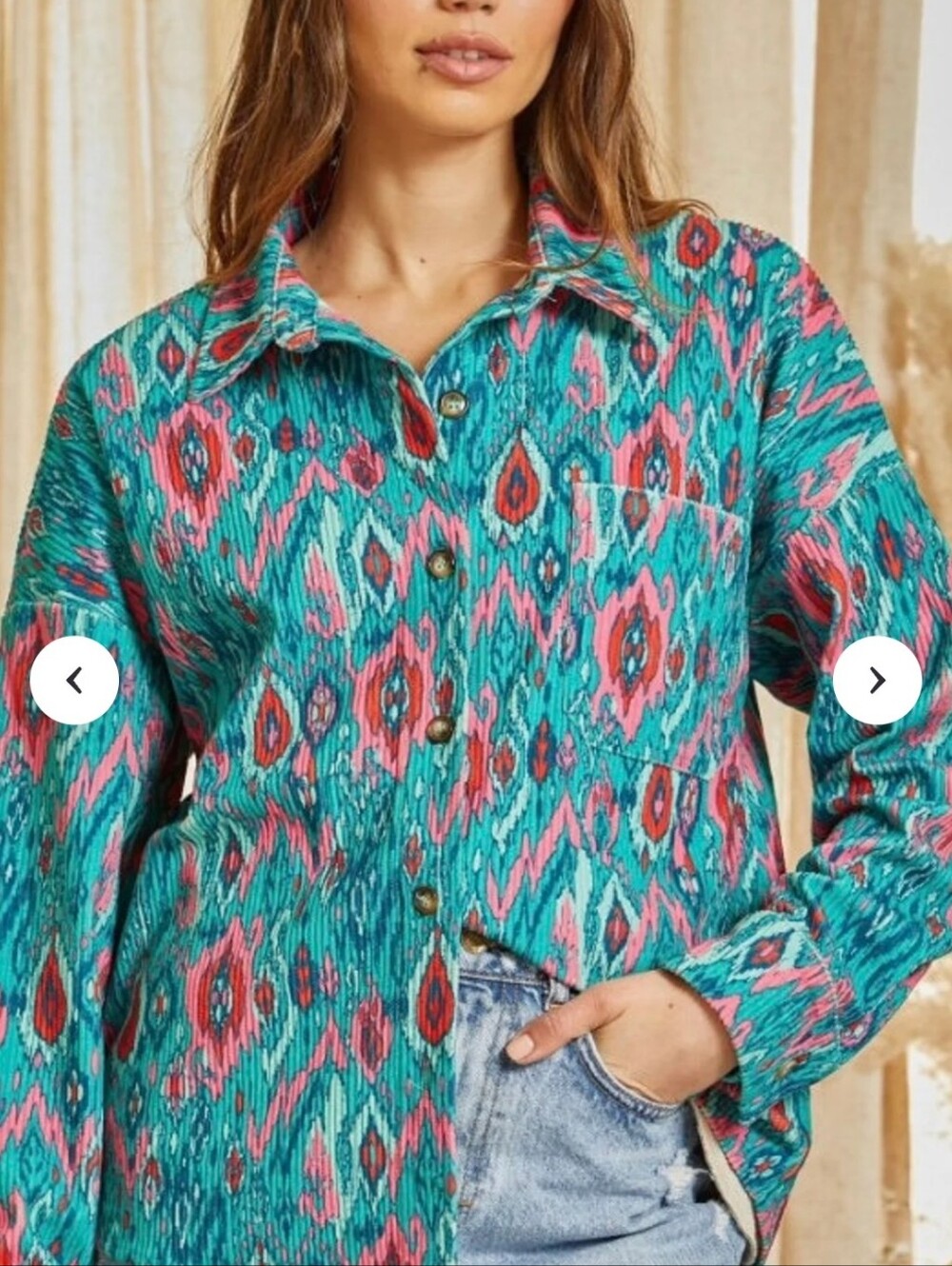 Savanna Jane, Women's Turquoise & Pink Printed Button-Up Shirt